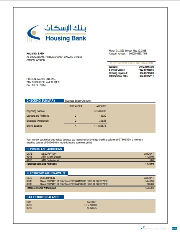 Download HBTF Bank firm account statement Word and PDF template Photoshop template